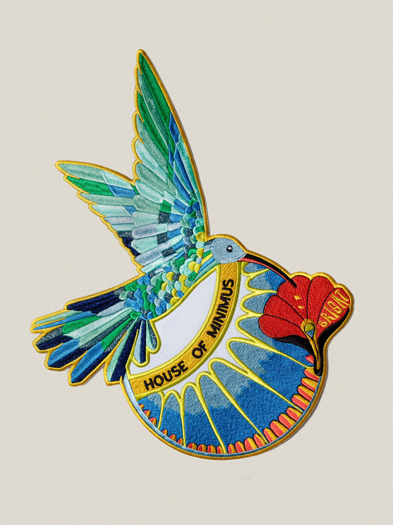 Large iron-on embroidered badge: Bright Hummingbird